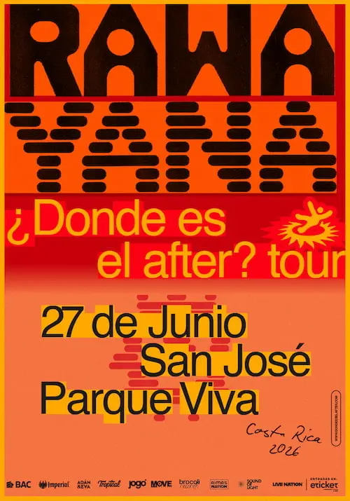 Afiche oficial del concierto de Rawayana en Costa Rica el 27 de junio de 2026 en Parque Viva