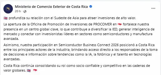 Comunicado oficial del Ministerio de Comercio Exterior sobre la apertura de la nueva oficina de inversión en Singapur