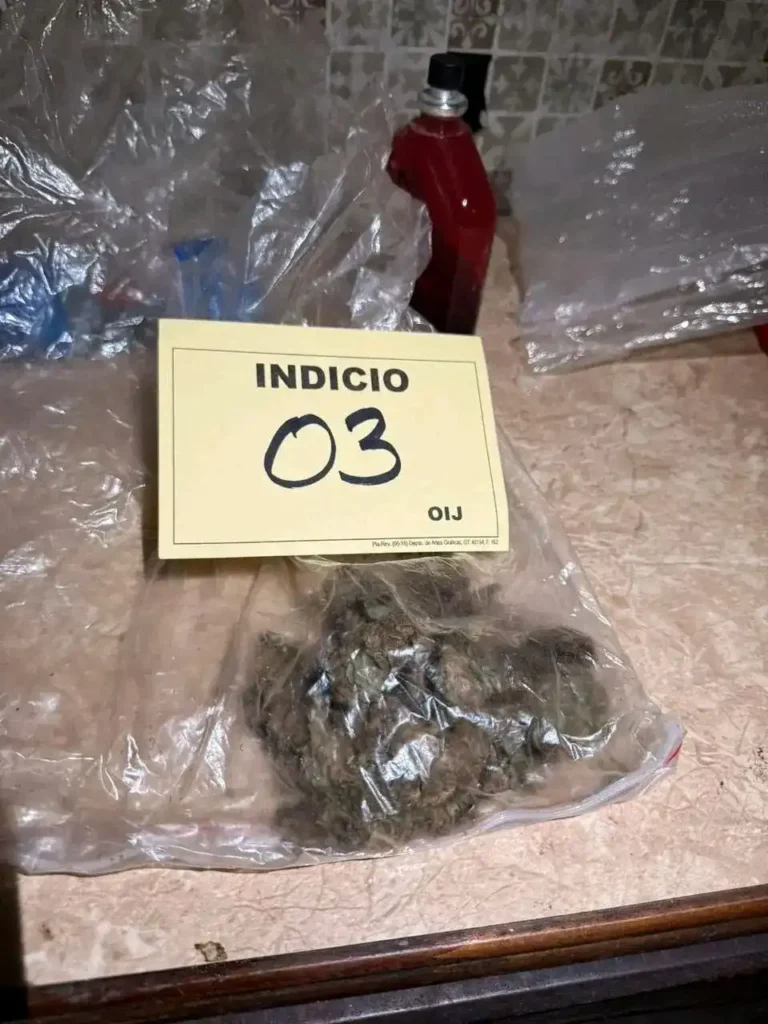 Paquete de droga decomisado con etiqueta de indicio judicial en operativo contra el narcotráfico en Siquirres.