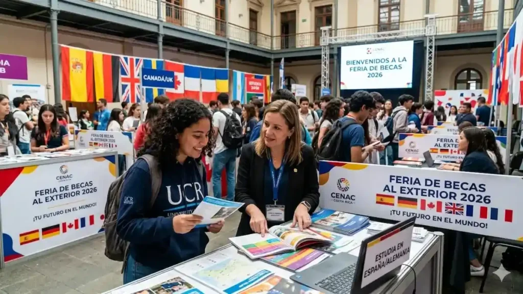Feria de Becas en el Exterior Costa Rica 2026: Estudiantes costarricenses en el evento presencial de la Oficina de Becas del Ministerio de Relaciones Exteriores.