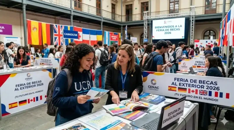 Feria de Becas en el Exterior Costa Rica 2026: Estudiantes costarricenses en el evento presencial de la Oficina de Becas del Ministerio de Relaciones Exteriores.