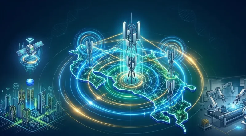Mapa tecnológico de Costa Rica con torres de telecomunicaciones, representando el momento en que el ICE adjudica red 5G para cobertura nacional