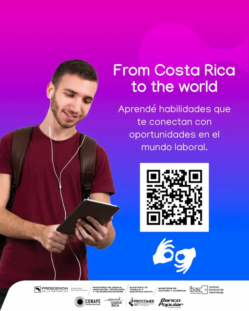 Infografía oficial de Hello Brete 2026 que invita a jóvenes a aprender habilidades para el mundo laboral, incluyendo logos del Gobierno y código QR de registro.