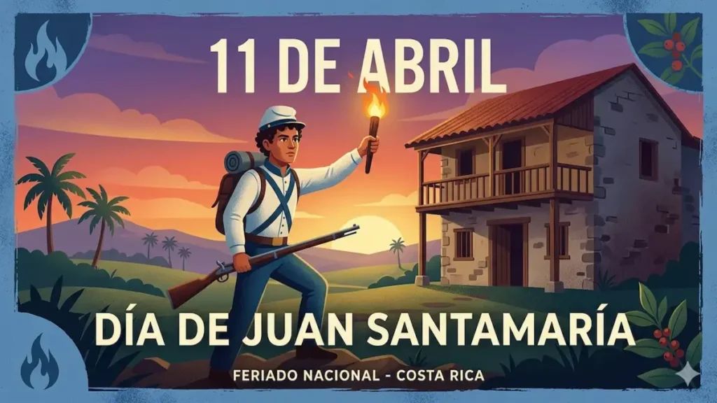 Ilustración de Juan Santamaría con una tea encendida frente al Mesón de Guerra para el artículo sobre quién trabaja el 11 de abril en Costa Rica.