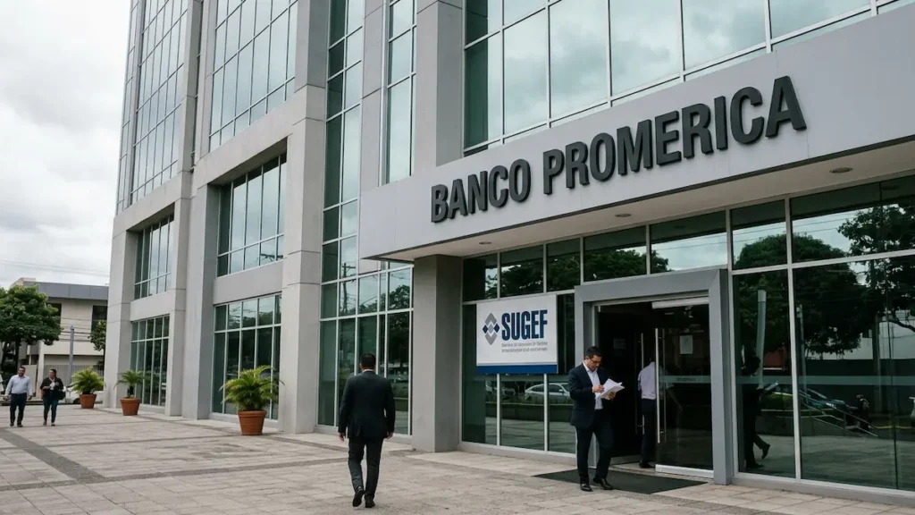 Fachada de oficina bancaria representando la noticia donde la SUGEF impone multa millonaria a Banco Promerica en Costa Rica.