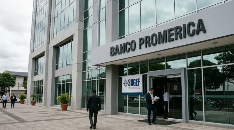 Fachada de oficina bancaria representando la noticia donde la SUGEF impone multa millonaria a Banco Promerica en Costa Rica.