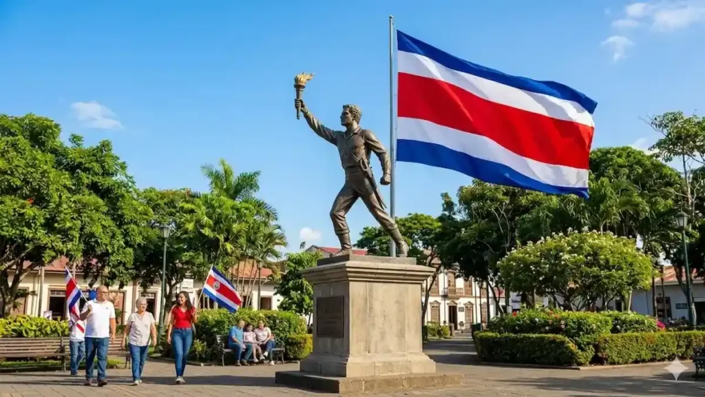 Trabaja el 11 de abril: Personas frente a la estatua de Juan Santamaría en Alajuela, Costa Rica, durante el feriado de pago obligatorio de Juan Santamaría.