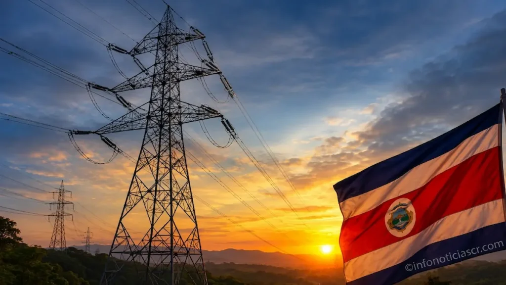 Torres eléctricas y bandera de Costa Rica durante debate sobre la armonización del mercado eléctrico en Costa Rica