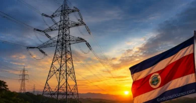 Torres eléctricas y bandera de Costa Rica durante debate sobre la armonización del mercado eléctrico en Costa Rica