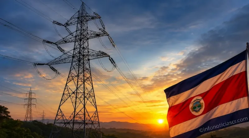 Torres eléctricas y bandera de Costa Rica durante debate sobre la armonización del mercado eléctrico en Costa Rica