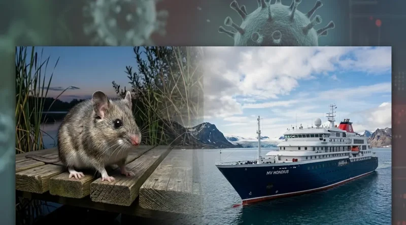 Composición informativa sobre el brote de hantavirus en el crucero MV Hondius, mostrando un roedor silvestre junto al buque MV Hondius en altamar con representaciones del virus de fondo