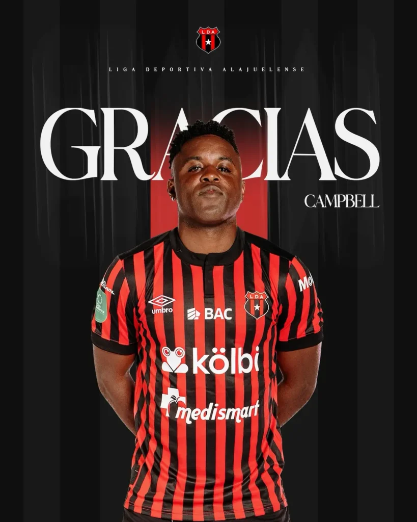 Arte oficial de la Liga Deportiva Alajuelense con la palabra "Gracias" y la fotografía del jugador Joel Campbell vistiendo el uniforme rojinegro para anunciar su salida del club