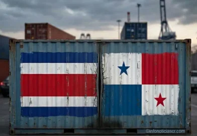 Contenedor de carga con las banderas de Costa Rica y Panamá desgastadas que ilustra el bloqueo comercial de Panamá.