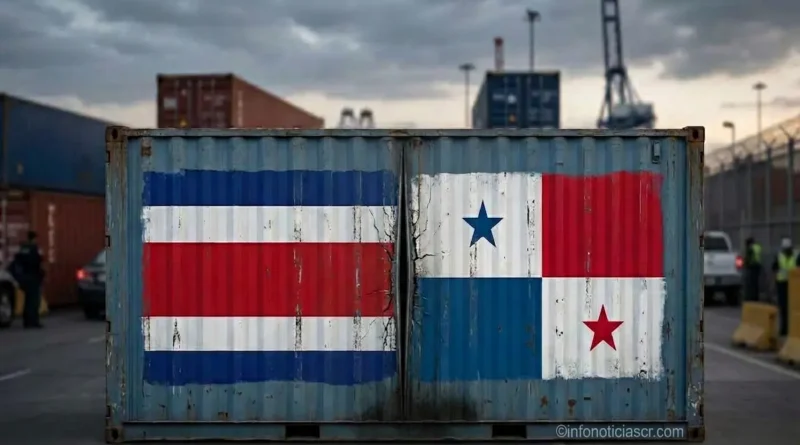 Contenedor de carga con las banderas de Costa Rica y Panamá desgastadas que ilustra el bloqueo comercial de Panamá.