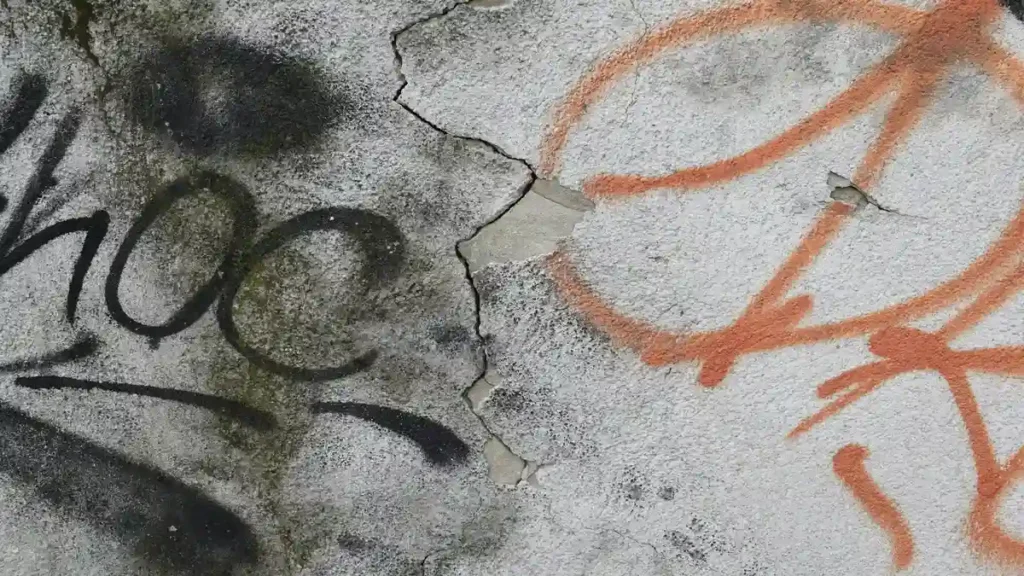 Pared agrietada con grafitis que simboliza el deterioro de los barrios debido a la inseguridad en Costa Rica.