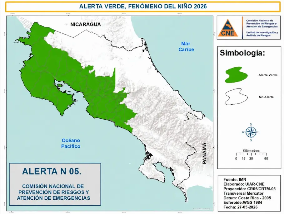 Mapa oficial de la CNE que detalla los cantones bajo Alerta Verde por el fenómeno de El Niño en Costa Rica.