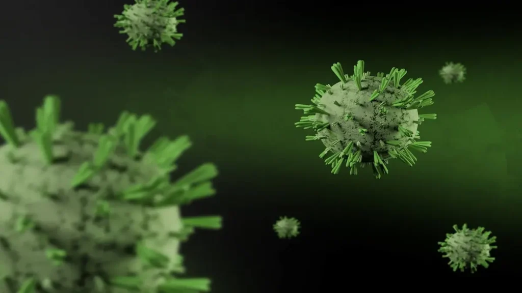Representación microscópica de las partículas del hantavirus en crucero sobre un fondo oscuro, ilustrando la amenaza patógena del brote