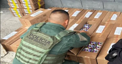 Oficial de la Policía de Fronteras inspeccionando el cargamento de álbumes y postales del Mundial decomisado por contrabando en Golfito.