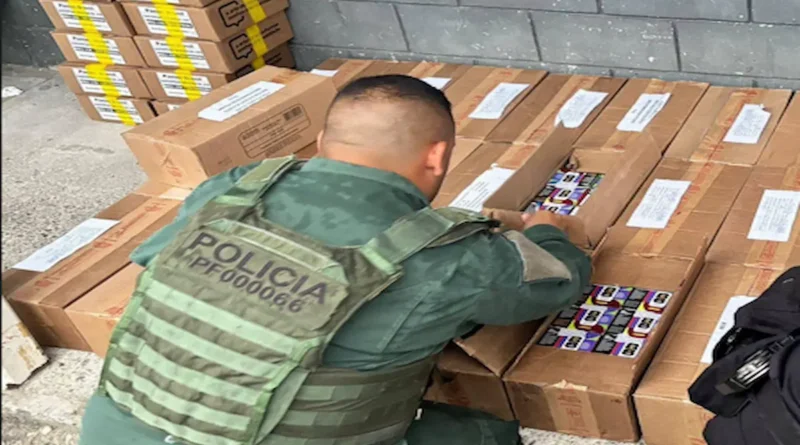 Oficial de la Policía de Fronteras inspeccionando el cargamento de álbumes y postales del Mundial decomisado por contrabando en Golfito.