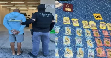 Imagen compuesta que muestra a un agente de la policía del OIJ escoltando a un detenido esposado y, a la derecha, fajos de billetes en colones decomisados a la red narco.