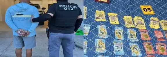 Imagen compuesta que muestra a un agente de la policía del OIJ escoltando a un detenido esposado y, a la derecha, fajos de billetes en colones decomisados a la red narco.