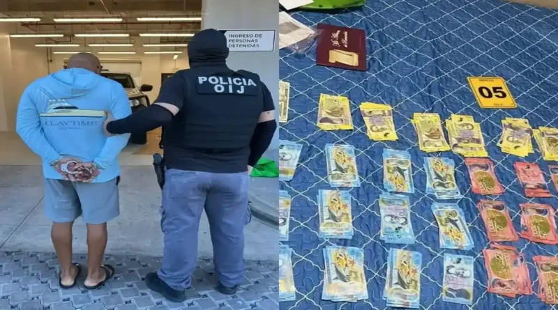 Imagen compuesta que muestra a un agente de la policía del OIJ escoltando a un detenido esposado y, a la derecha, fajos de billetes en colones decomisados a la red narco.