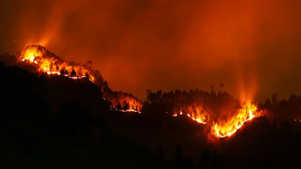 Montañas devoradas por las llamas durante la noche, representando la gravedad del incendio forestal en Palo Verde en Guanacaste