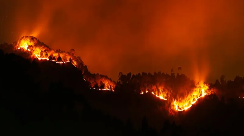 Montañas devoradas por las llamas durante la noche, representando la gravedad del incendio forestal en Palo Verde en Guanacaste
