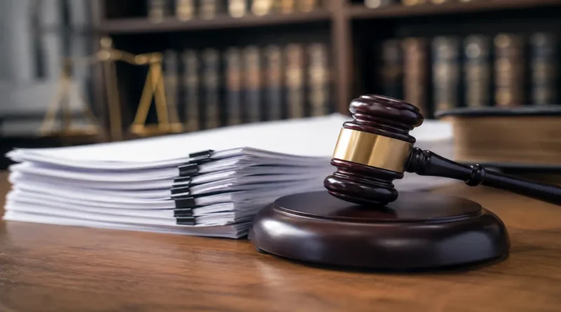Mazo de juez de madera junto a una pila de documentos legales impresos que representan los nuevos proyectos de ley para la seguridad en Costa Rica.