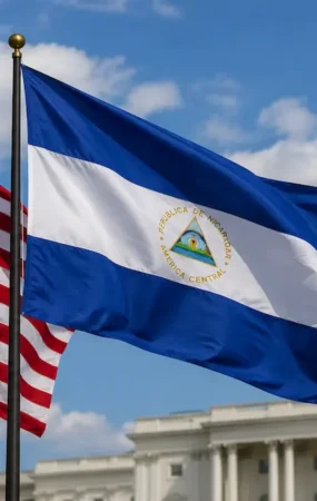 Las banderas de Estados Unidos y Nicaragua ondean en primer plano frente a la cúpula del Capitolio en Washington tras las sanciones a funcionarios nicaragüenses.