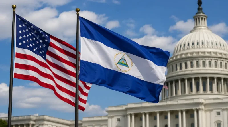 Las banderas de Estados Unidos y Nicaragua ondean en primer plano frente a la cúpula del Capitolio en Washington tras las sanciones a funcionarios nicaragüenses.