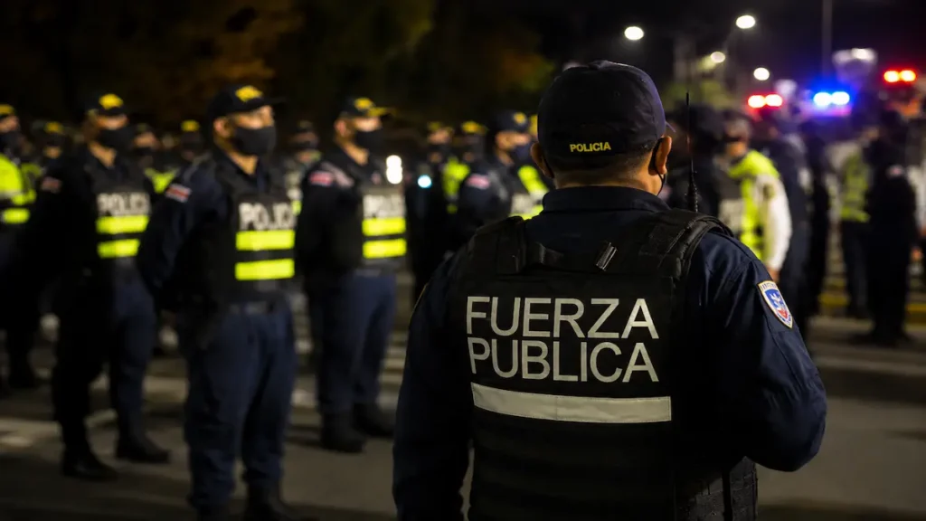 Oficiales de la Fuerza Pública en un operativo, representando las vacantes disponibles para el MSP en la feria de empleo en Montes de Oca