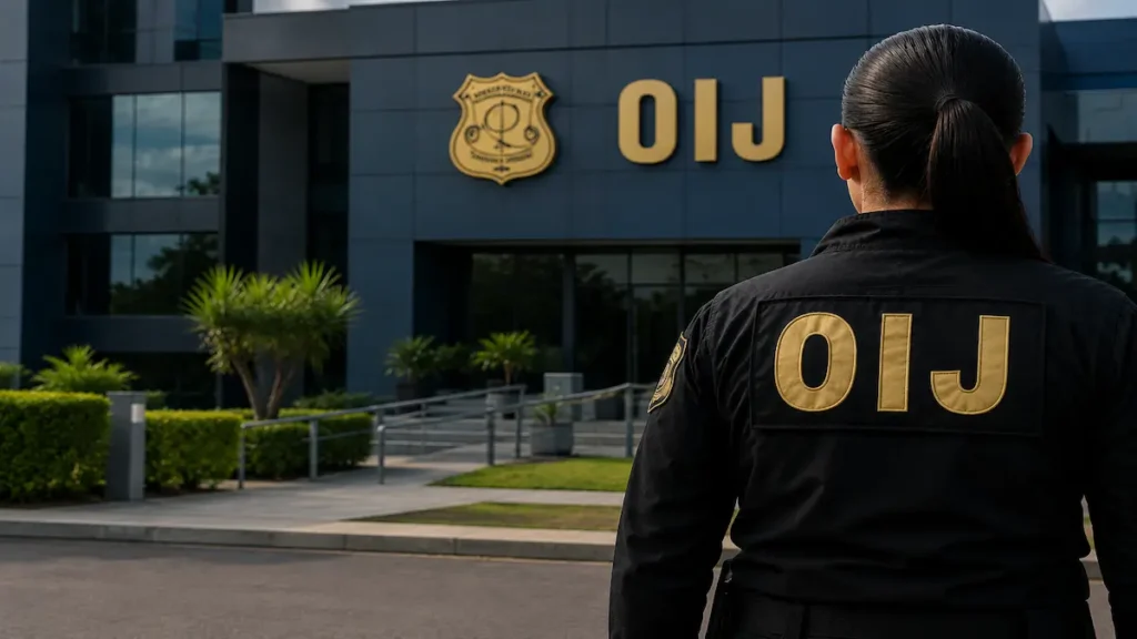 Oficial del OIJ frente al edificio del Organismo de Investigación Judicial, imagen ilustrativa sobre cómo trabajar en el OIJ y su proceso de reclutamiento